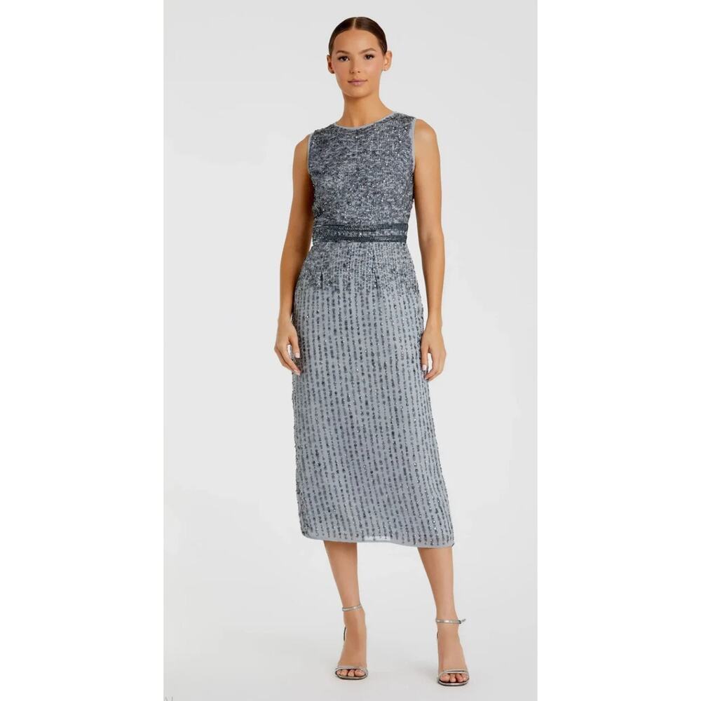B69 Mac Duggal Sequin Midi Sheath‎ Dress Womens 12 Gray Sleeveless Wedding Guest